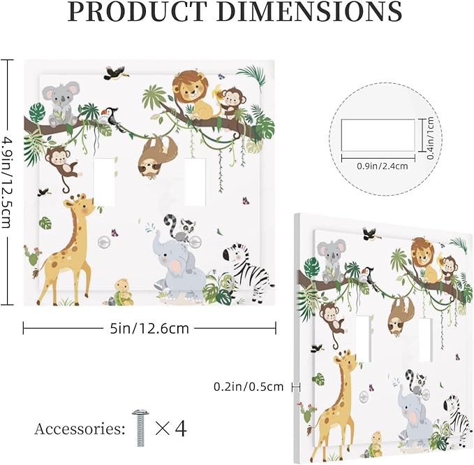Jungle Animals Tree Branch Monkey Giraffe Lion Elephant Decorative Switch Plates 2 Gang Double Toggle Outlet Light Switch Cover Wall Plate Electrical Faceplate for Kids Room Nursery Decor