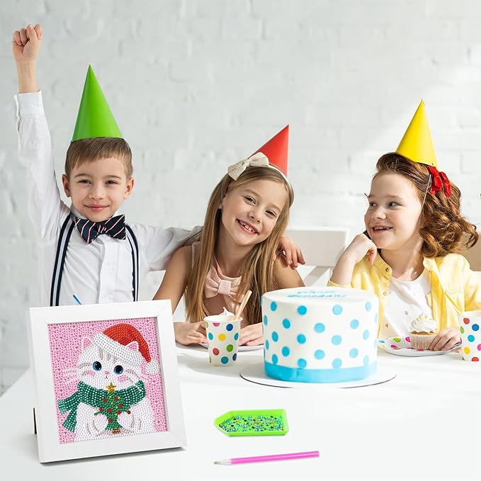Libfx Diamond Art Kits for Kids with Frame Diamond Art for Girls Boys Beginners Arts and Crafts Ages 8-12 Birthday Gifts (Christmas Cat)