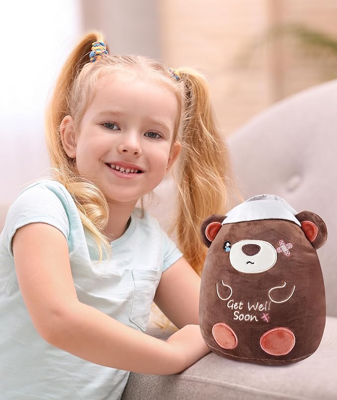 Get Well Soon Plush Bear - Teddy Bear Plush Toy with Injury Bandage, Kids' Pillow Cushion, Get Well Soon Gifts for Patient Kids, Dark Brown, 8 Inch