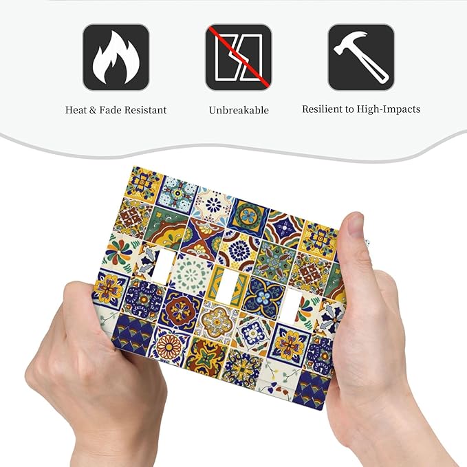 Yellow/Blue Kitchen Boho Floral Tiles Triple Toggle Device Switch Wall Plate 3-Gang Light Switch Cover Bohemian Mandala Talavera Mexican Tile Decorative Decorator Wallplate Switchplate Room Decorate