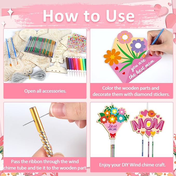 gisgfim 16 Pack Mother’s Day Wind Chime Kits Mom Crafts for Kids Make Your Own Best Mom Wind Chime Wooden DIY Arts and Crafts for Mother’s Day Party School Classroom Decor Supplies Birthday Favors