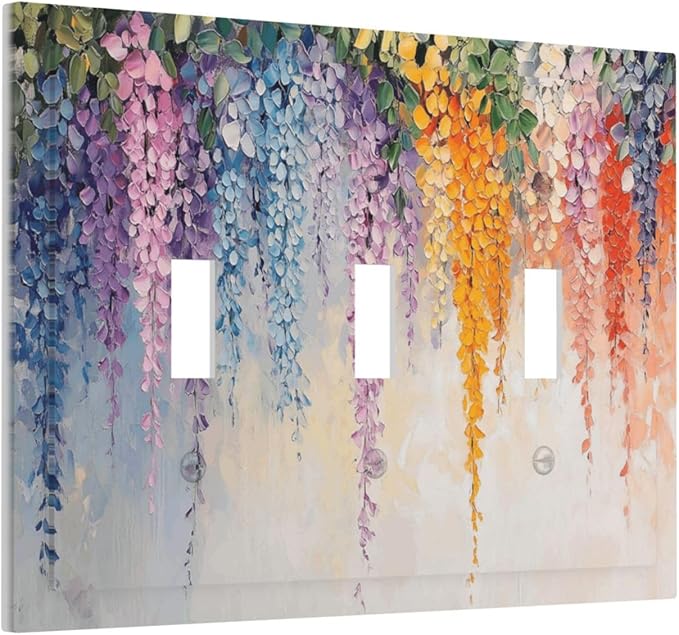 Colorful Wildflower Wisteria Cascade Floral Flower Decorative Switch Plates 3 Gang Wall Plate Triple Toggle Light Switch Cover Faceplate Electrical Wall Panels for Bedroom Living Room Decor