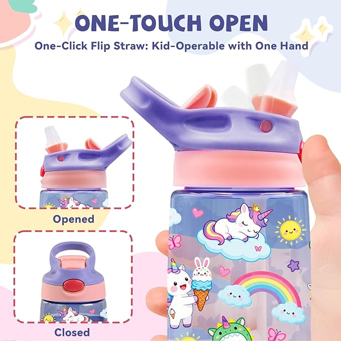 14oz Unicorn Kids Water Bottle with Straw - Rainbow Water Bottle For School, Leakproof, Lightweight, Durable Plastic Bottles for Kids Travel, Pop-Up Straw Cover, Gift Cup for Girls (Unicorn)