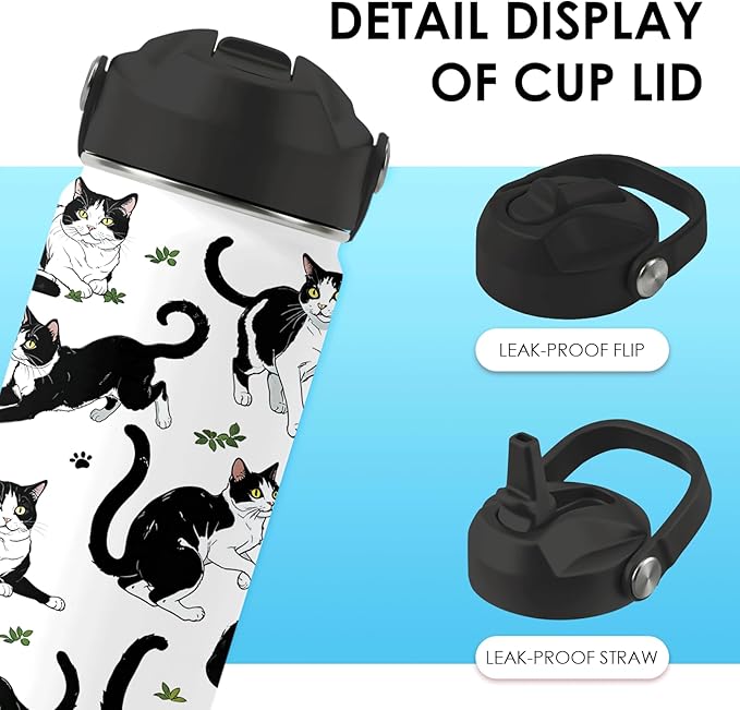 Cat Gifts for Kids - 16oz Black Cat Water Bottle with Straw Lid, Stainless Steel Insulated Bottle, Leak Proof, BPA-Free, for Boys, Girls, School - Black and White Cat Gifts Cats Lovers Gift Cup(1pc)