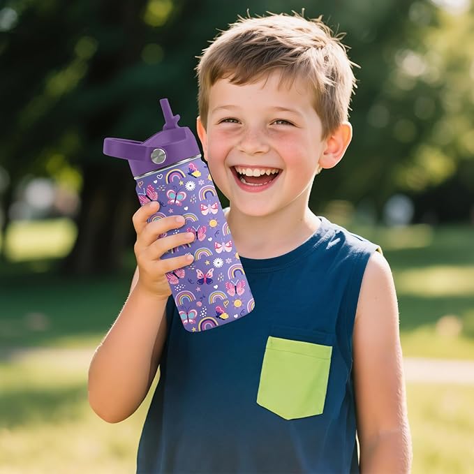 Butterfly Gifts - 16oz Purple Kids Water Bottle with Straw Lid, Stainless Steel Insulated Tumbler, Leakproof, BPA-Free, for Girls, School, Travel - Butterfly Rainbow Themed Birthday Gift Cup (1pc)