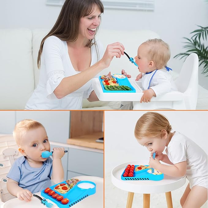 Deinyi Construction Toddler Plates - Construction Utensils for Toddlers - Easter and Birthday Gift Toddler Utensils for 1 2 3 4 5 6 7 year - Blue