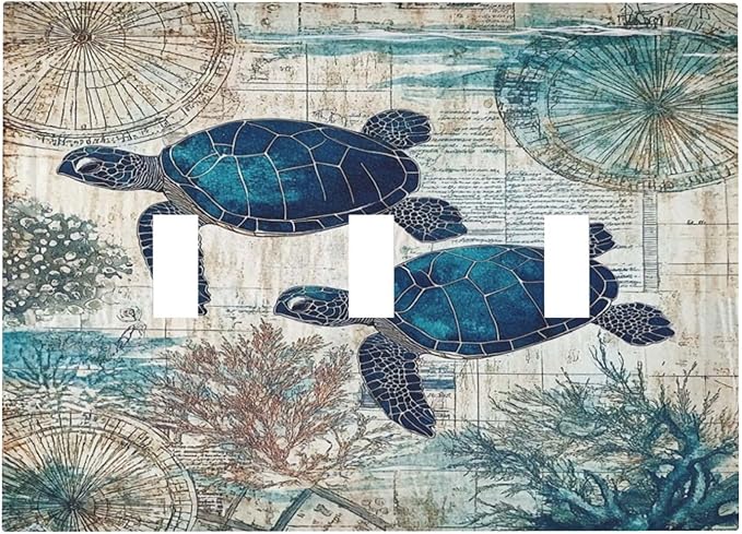 Blue Green Sea Turtle Tropical Ocean Coral Nautical Map Decorative Switch Plates 3 Gang Wall Plate Triple Toggle Light Switch Cover Faceplate Electrical Wall Panels For Bed Room Bathroom Decor