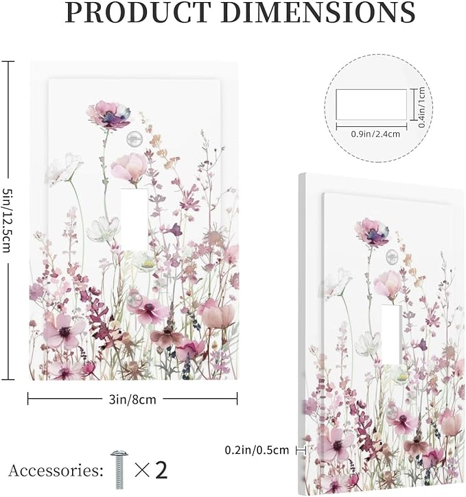 Floral Pink Watercolor Wildflowers Plant Flower Decorative Light Switch Cover 1 Gang Single Toggle Device Electrical Faceplate Switchplates Decorator Outlet Wall Plate for Bedroom Living Room Decor