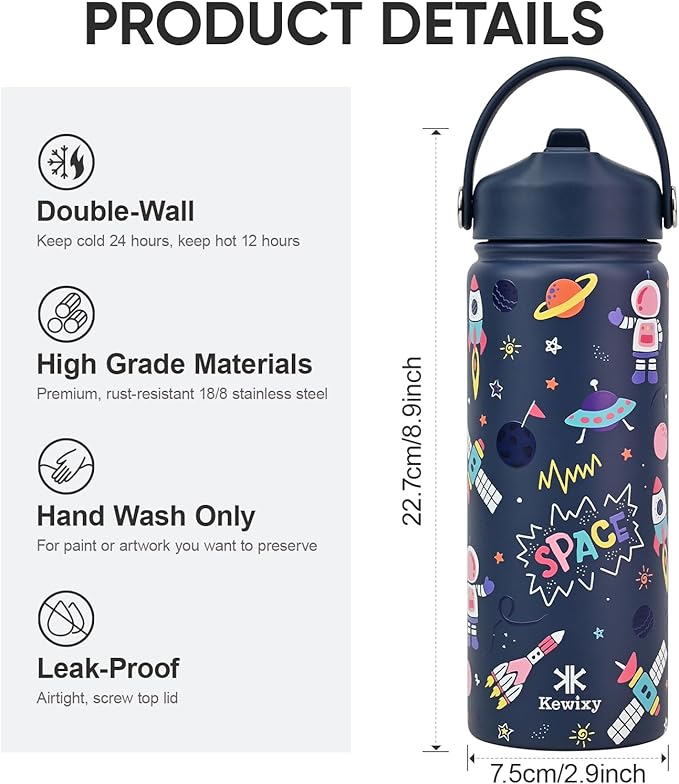 KEWIXY 18 oz Kids Water Bottle for School with Straw, Leak Proof, Stainless Steel with Easy Flip and Handle, Reusable, Metal, Insulated, Backpack-side Fit, for Boys Little Space Fans (Space Blue)