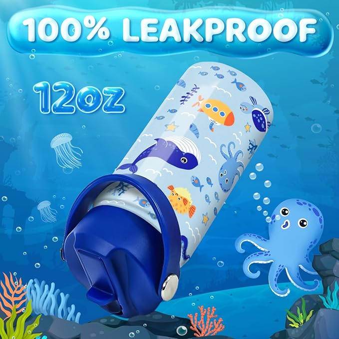 SANDJEST Kids Water Bottle with Straw Lid - 12 Oz Insulated Stainless Steel Ocean Water Bottles for Kid Boys - Travel Cup for School Sports