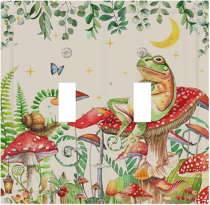 Decorative Switch Plates Boho Mushrooms Frogs Butterflies Flowers Moon Stars 2 Gang Double Toggle Wall Plate Outlet Light Switch Cover Electrical Faceplate for Kids room Bedroom Decor