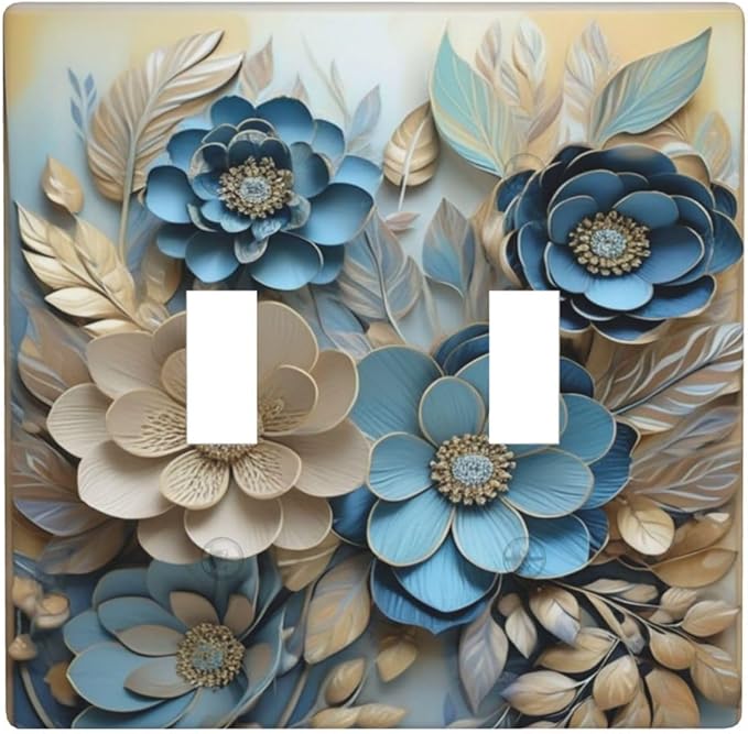 Decorative Art Light Switch Covers Blue and Creamy Floral 2 Gang Double Toggle Wall Plate Decorative Switchcover Electrical Switchplate for Home Decor