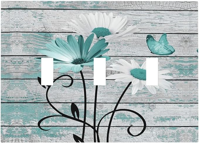 Teal White Daisy Flower Butterfly On Rustic Wood Board Decorative Switch Plates 3 Gang Wall Plate Triple Toggle Light Switch Cover Faceplate Electrical Wall Panels for Farmhouse Bedroom Decor