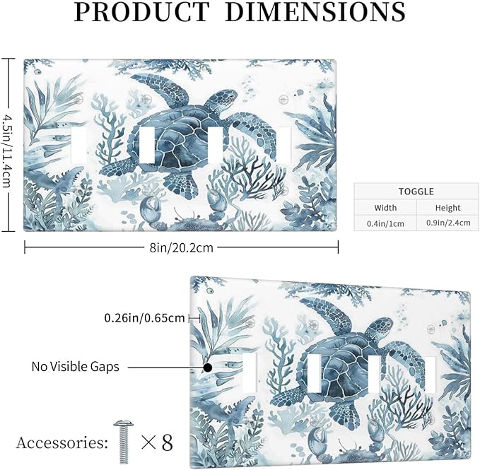 Blue Sea Turtle Coastal Coral Beach Crab Seaweed Light Switch Covers Quad Toggle Electrical Faceplate 4 Gang Wall Plate Decorative Switch Plates for Kids Room Bathroom Decor