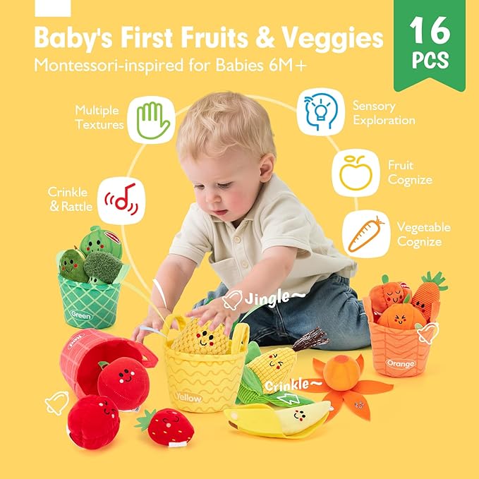 hahaland Baby Sensory Toys - 16 PCS My First Fruit Vegetable Color Sorting Play Food Crinkle, Rattle, Baby Toys 6-12 Months Montessori Toys for 1 Year Old Boy Girl Gifts 6 9 Month Old Toy One Year Old