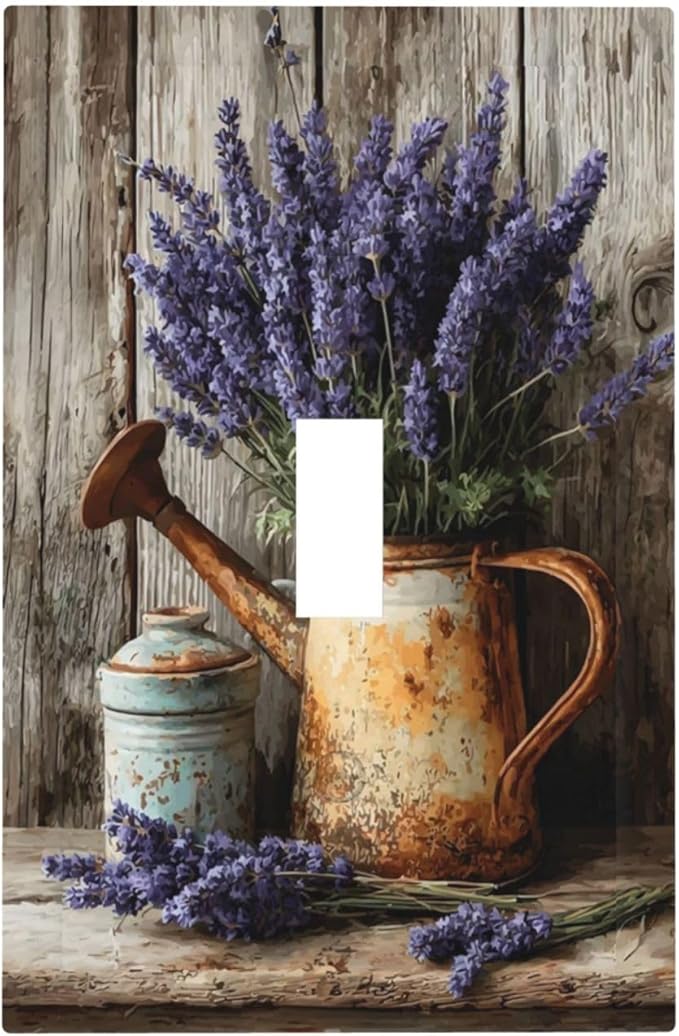 Rustic Flowers Lavender Purple Floral Oil Painting Decorative Light Switch Cover 1 Gang Single Toggle Device Electrical Faceplate Switchplates Decorator Outlet Wall Plate for Farmhouse Bedroom Decor