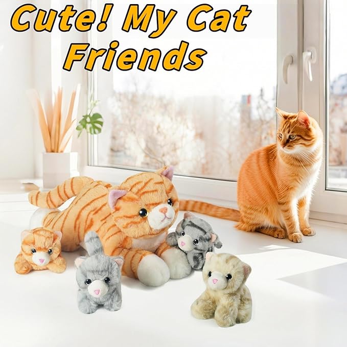5 Pieces Cat Stuffed Animal with Babies, 1 Mommy Orange Cat Plush Toy Stuffed Cat with 4 Babies Plush Kittens, Stuffed Kitty Plush Toys for Kids Girls Boys Birthday Christmas Plush Gifts