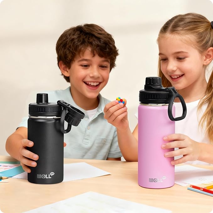 Kids Insulated Water Bottle-16 oz Stainless Steel Vacuum Wide Mouth Sports Flask with Silicone Boot-Reusable Metal Leak Proof Travel Water Bottle for Girls Boys, BPA-Free(Purple Pink)