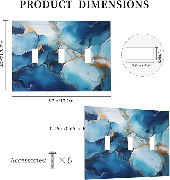 Decorative Light Switch Plate Covers Artistic Abstract Blue Marble Gold Line Painted 3 Gang Wall Plate Switch Cover Plate Triple Toggle Jumbo Electrical Faceplate for Bathroom Decor