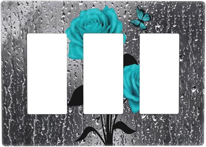 Butterfly Teal Rose Flower Floral 3 Gang Triple Rocker/Decorator Light Switch Wall Plate Cover Decorative GFCI Electrical Faceplate Switchplate Dimmer