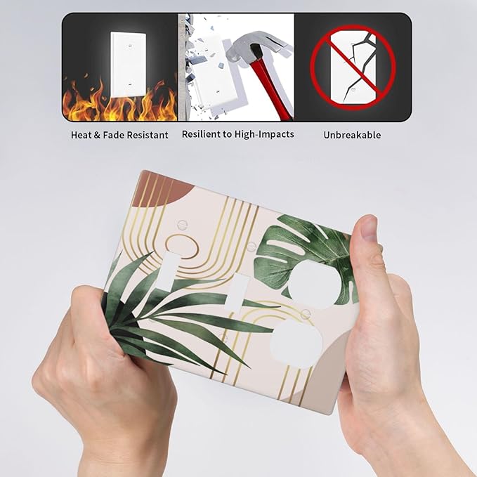 Middle Mid Century Boho Sun Green Palm Leaf 3-Gang Combination Wall Plate 2 Toggle 1 Duplex Receptacle Outlet Cover Decorative Tropical Orange Abstract Art Combo Device Light Switch Faceplate Cover