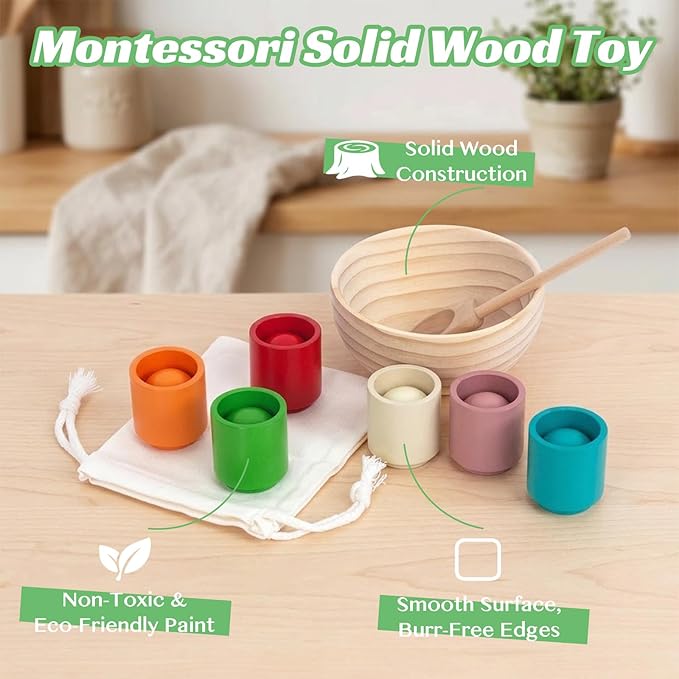 Rainbow Balls in Cups Toddler Montessori Toys for 3 Year Old Up, Kids Preschool Wooden Matching Games for Learning Color Sorting and Counting