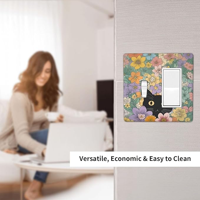 Outlet Covers Funny Cute Cartoon Cat Floral Colorful Flower 1 Toggle 1 Rocker Combination Decorative Wall Plate Electrical Switch Plates Light Switch Cover Plate For Kids Room Nursery