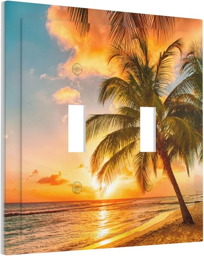 Light Switch Cover Sunset Beach Palm Tree Seascape 2 Gang Wall Plate Double Light Switch Plate Tropical scenery Toggle Decorative Outlet Covers Electrical Switchplate for Bathroom Home Decor