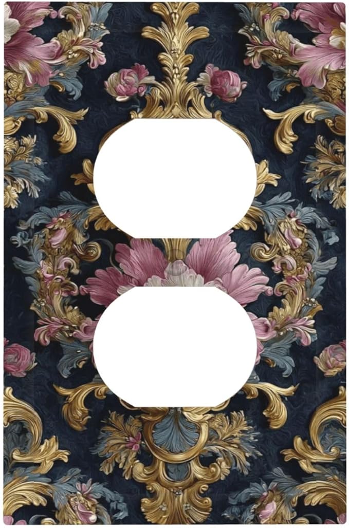 Decorative Outlet Covers Rococo Pink Floral Flower Gold Leaf 1 Gang Duplex Light Switch Cover Plate Unique Wall Plates for Electrical Outlets Switch Plate Covers for Bedroom Home Decor