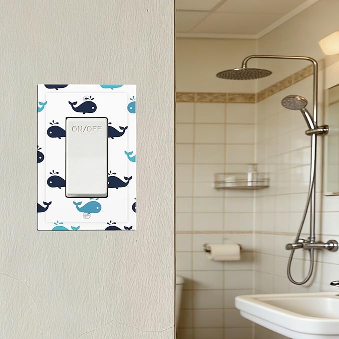 Cute Blue Whales Single Rocker Switch Cover - 1-Gang Standard US Size Nautical Whale Pod Light Switch Covers, Minimalist Coastal for Nursery Decor