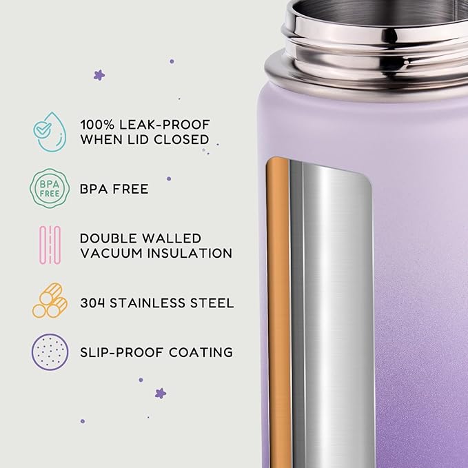 Fijinhom 12oz Kids Water Bottle for School, Toddler Bottles with Straws, Stainless Steel Vacuum Insulated Water Bottle for Boys&Girls, Leak-Proof, BPA-Free, Lavender