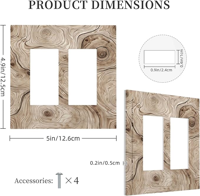 Tree Annual Rings Burl Texture Brown Wood Grain Print Decorative Outlet Covers 2 Gang Double GFCI Rocker Electrical Wall Panels Light Switch Cover Plate for Farmhouse Bedroom Decor