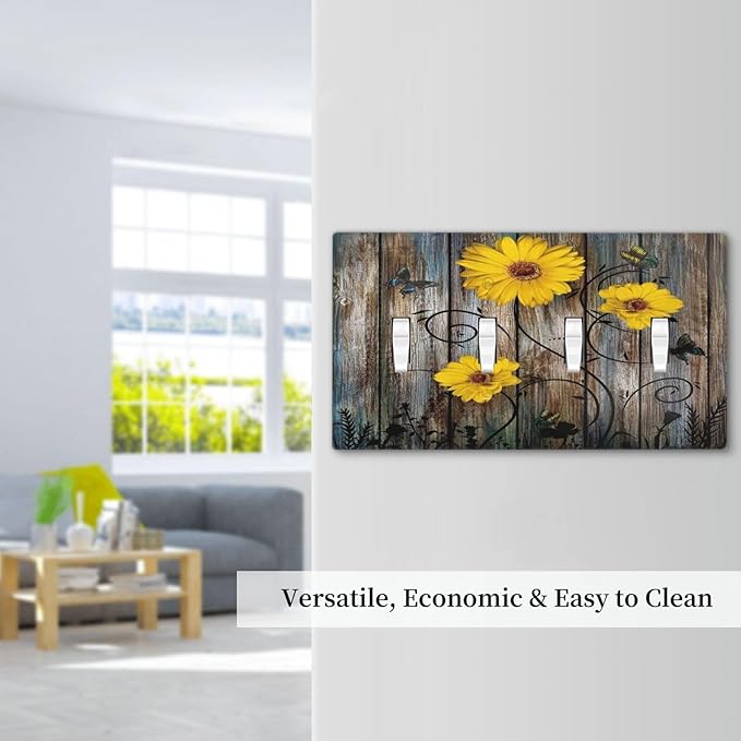 Rustic Barn Sunflower Wooden Daisy Flower Plank Light Switch Covers Quad Toggle Electrical Faceplate 4 Gang Wall Plate Decorative Switch Plates for Farmhouse Home Decor