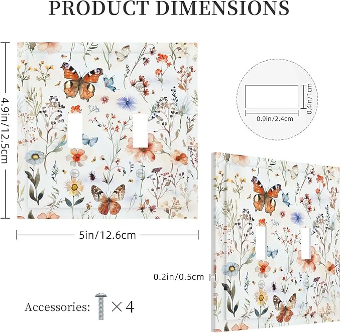 Decorative Switch Plates Butterfly Floral Boho Multicolor Flower Leave 2 Gang Double Toggle Outlet Light Switch Cover Wall Plate Electrical Faceplate for Bed Room living Room Decor