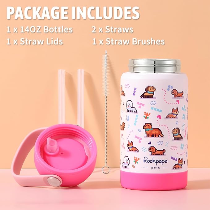 rockpapa 14 oz Kids Insulated Water Bottle，Stainless Steel Toddler Cups with Straws, BPA Free, Leak-Proof, Kids Water Bottle for School Boys& Girls (White Pets Dog)