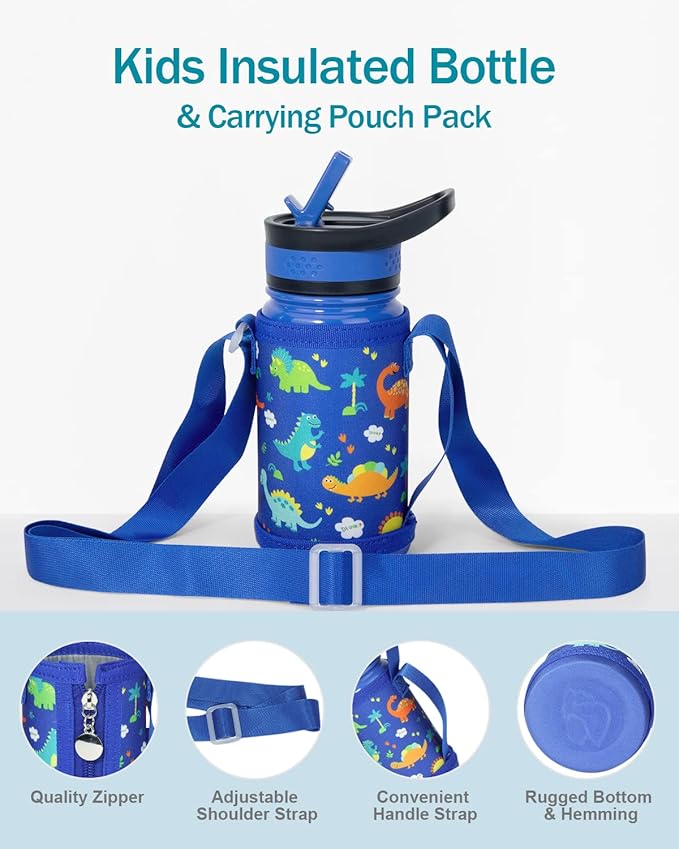 BUZIO Kids Water Bottle with 2 Tritan Straw Lids and a Carrying Pouch for shcool, 14oz Insulated Stainless Steel Toddler Tumbler, Leak Proof Cute Metal Water Bottle Boys Girls, Blue