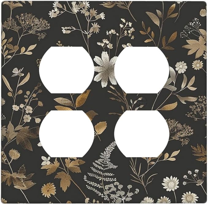 Outlet Covers Black Gold Floral Dark Leaves Vintage Flowers 2 Gang Double Duplex Decorative Light Switch Covers Electrical Wallplates Socket Faceplate for Bed Room Home Decor