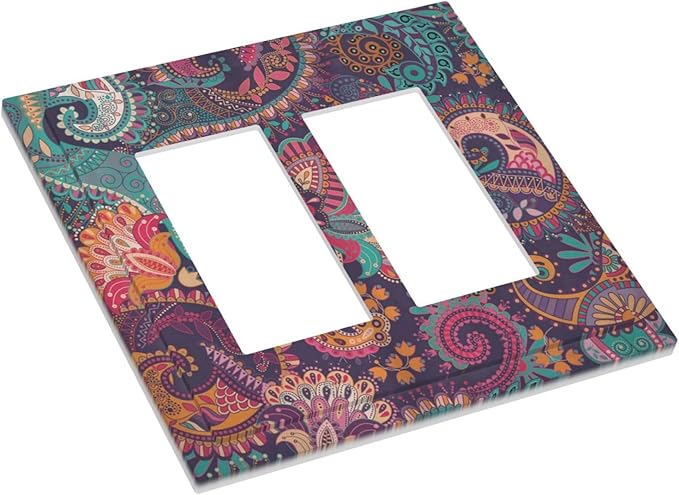 Mandala Boho Paisley Purple Floral Colorful Flower Decorative Outlet Covers 2 Gang Double GFCI Rocker Electrical Wall Panels Light Switch Cover Plate for Home Bedroom Decor