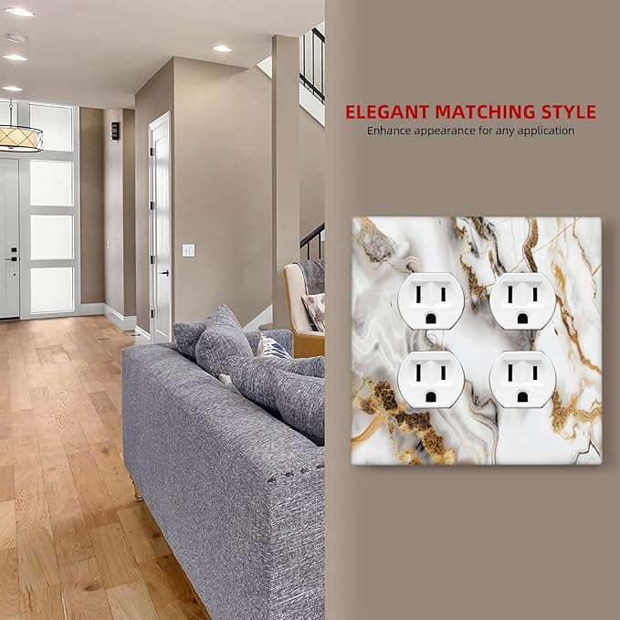 Luxurious Marble Abstract White Gold Tile Modern Simplicity Outlet Covers 2 Gang Double Duplex Decorative Light Switch Covers Electrical Wallplates Socket Faceplate for Bathroom Kitchen Decor