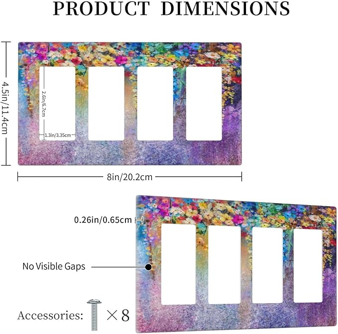 Colorful Floral Watercolor Flower 4 Gang Rocker Decora Light Switch Cover Purple Decorative Outlet Covers Wall Plate Electrical Faceplate Switchplate GFCI for Farmhouse Bedroom Living Room Decor