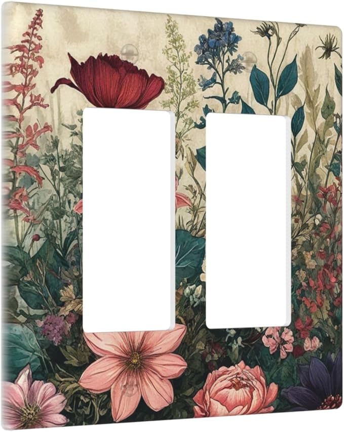 Decorative Outlet Covers Rustic Wildflower Red Floral Green Plant 2 Gang Wall Plate Double Rocker Two Switch Wall Cover Plate Jumbo Dual Electrical GFCI Face Plate