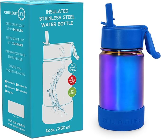 CHILLOUT LIFE 12 oz Kids Insulated Water Bottle for School with Straw Lid Leakproof and Cute Waterproof Stickers, Personalized Stainless Steel Thermos Flask Metal Water Bottle, Dishwasher Safe Color