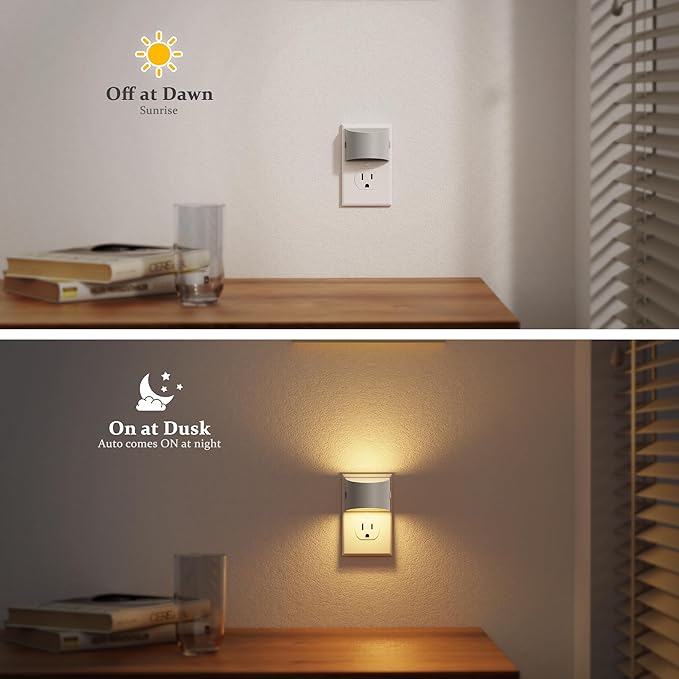 JandCase Night Light, Automatic Night Lights Plug into Wall,2 Pack Dusk to Dawn Sensor Nightlight, 3000K Soft White Brightness Adjustable Nightlight for Kids Bedroom Hallway Kitchen Decor