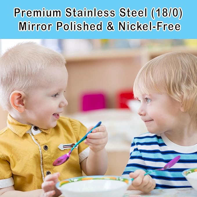 Stainless Steel Kids Silverware Set 24 Pieces (2 Pack of 12) - Child and Toddler Safe Flatware - Kids Utensil Set - Metal Kids Cutlery Set (Includes 12 Small Kids Spoons & Kids 12 Forks, UV Rainbow)