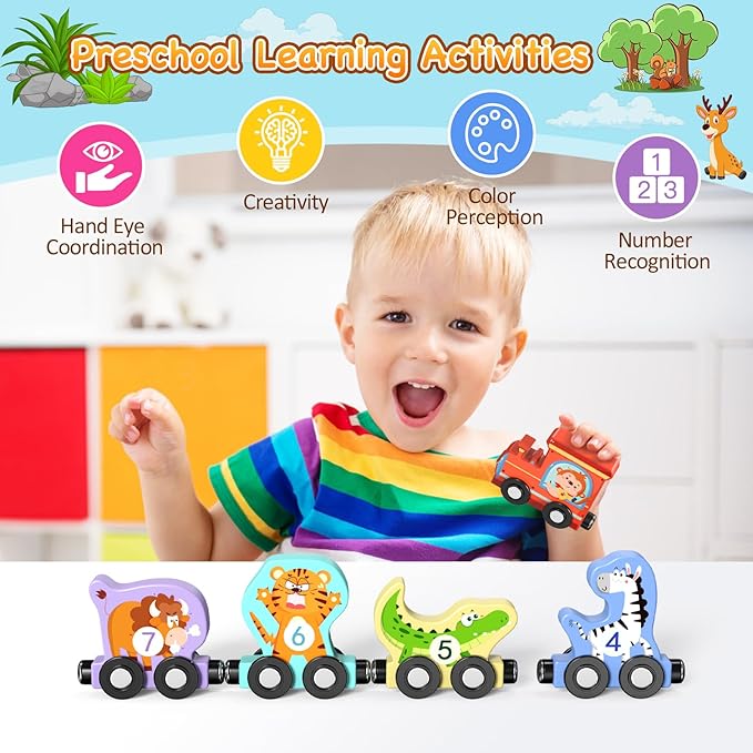 Zeoddler Toys for Toddlers, 11 Magnetic Wooden Animals Train Set, Montessori Toys for Toddlers, Preschool Learning Activities for Kids, Birthday Gifts for Boys, Girls