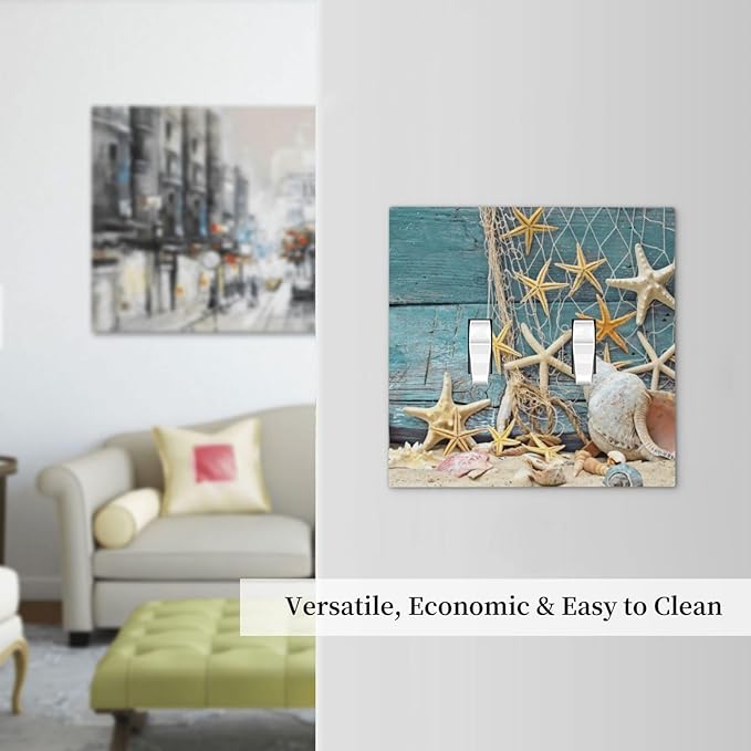 Coastal Nautical Seashell Turquoise Wooden Board Sand Blue Wood Planks Starfish Double Toggle Light Switch Cover 2-Gang Electrical Wall Plate Jumbo Size Receptacle Outlet Cover Faceplate Switchplate