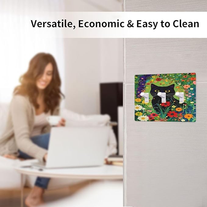 Decorative Art Light Switch Covers BlackCat&Flowers 3 Gang Triple Toggle Wall Plate Decorative Switch plate Electrical Faceplate for Home Decor