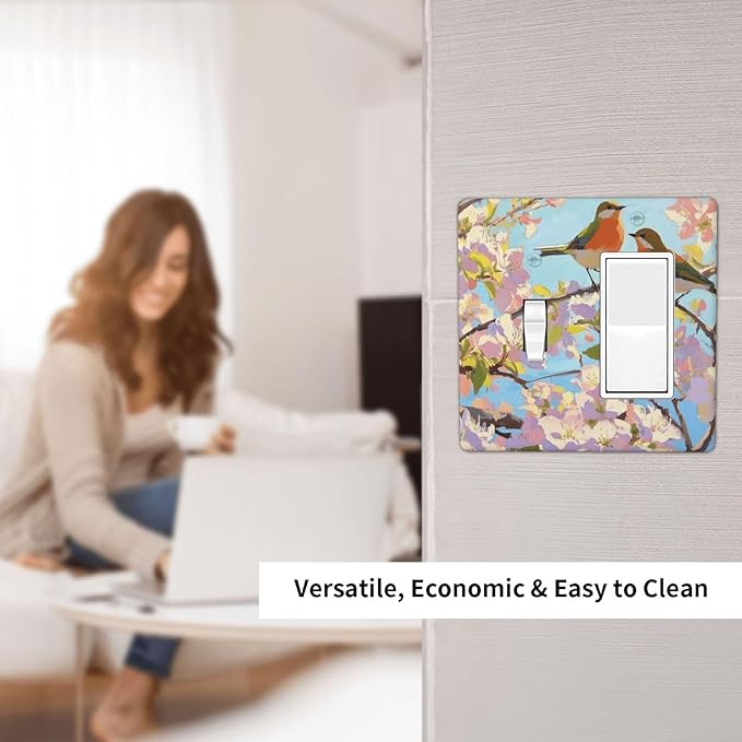 Bird Flower Single Toggle Rocker Combination Wall Plate Decorative 2 Gang Light Switch Covers Electrical Switchplate Home Decorate Faceplat for Bathroom Bedroom Kitchen Room 4.5 x 4.5 Inch