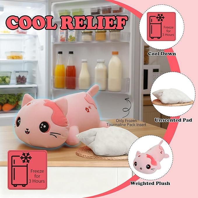 Microwave Weighted Cat Stuffed Animal - 2.2 Pounds Big Pink Cat Plush Machine Washable Unscented Cute Heating Pad Animal Pillow Warm Plushies Toy for Adults Kids Pink Flower Embroidery 15 Inch