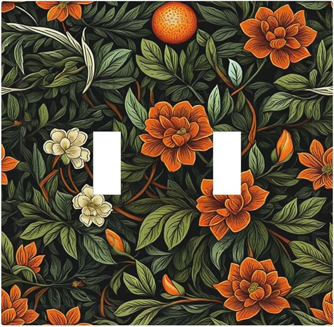 Light Switch Cover Plate William Morris Orange Flowers Rustic Leaves Floral 2 Gang Double Toggle Decorative Switch Plates Wall Plates Electrical Faceplate for Bathroom Bedroom Decor